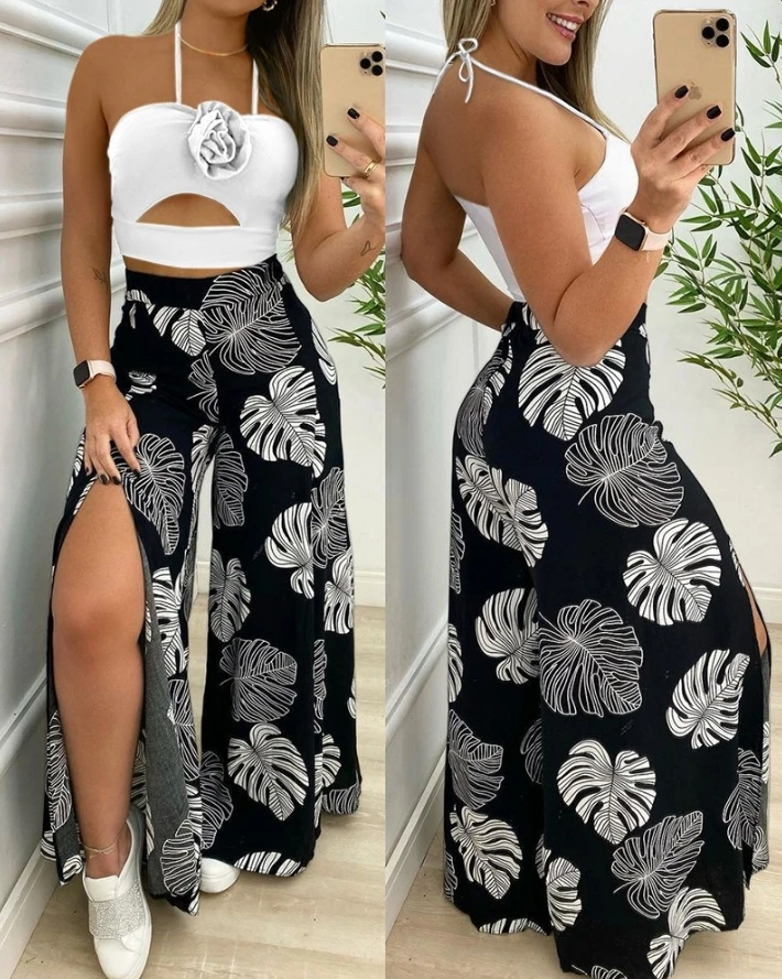 Women's Two Piece Set Casual Summer Rose Detail Skinny Halter Tied Detail Crop Top and Tropical Print Slit Wide Leg Pants Set