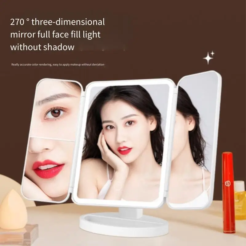 Makeup Mirror Trifold Makeup Mirror LED Lights Dorm Dressing Mirror Beauty Light up Fill light with Smart Complementary Makeup Tri makeup mirror