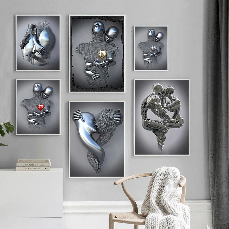 Metal Figure Statue Posters Romantic Couple Lovers Sculpture