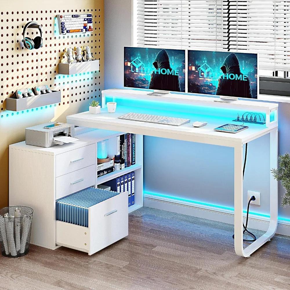 

L Shaped Desk with Power Outlets & LED Lights & File Cabinet, 55 Inch Large Computer Desk Corner Desk with 3 Drawers and