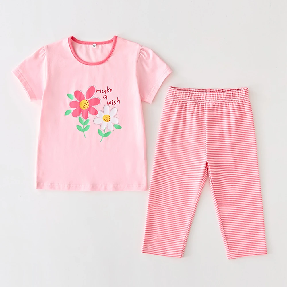 

2-6T Children's Casual 2piece Set Girls Summer Pink Simple Flower Print T-shirt Top+Elastic Striped Pants Versatile Set