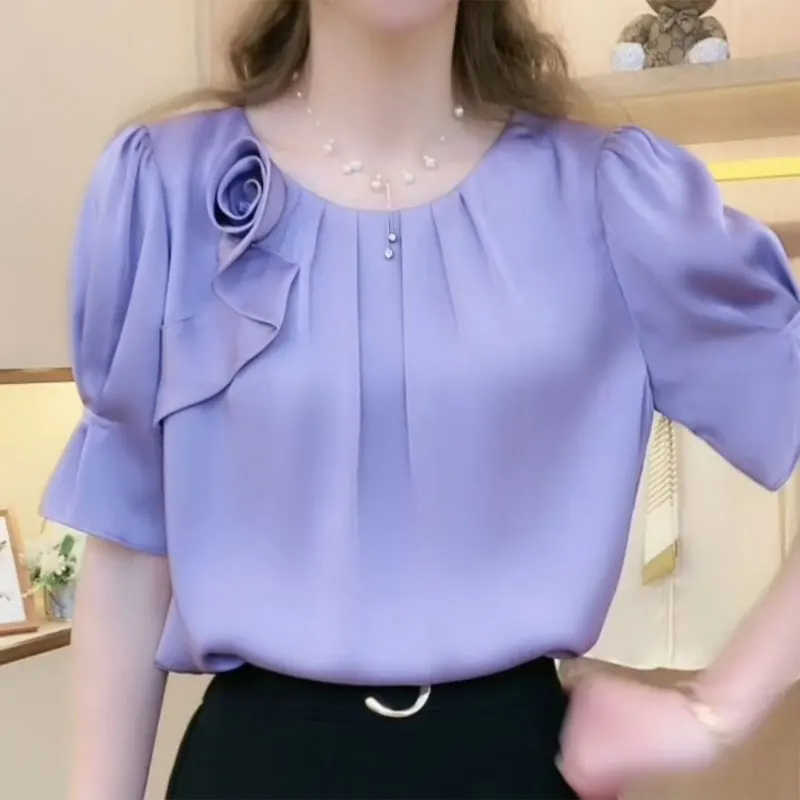 French Style Floral Three-dimensional Decoration Shirt Fashion Folds Summer Casual Ruffles Commute Loose Elegant O-Neck Blouse