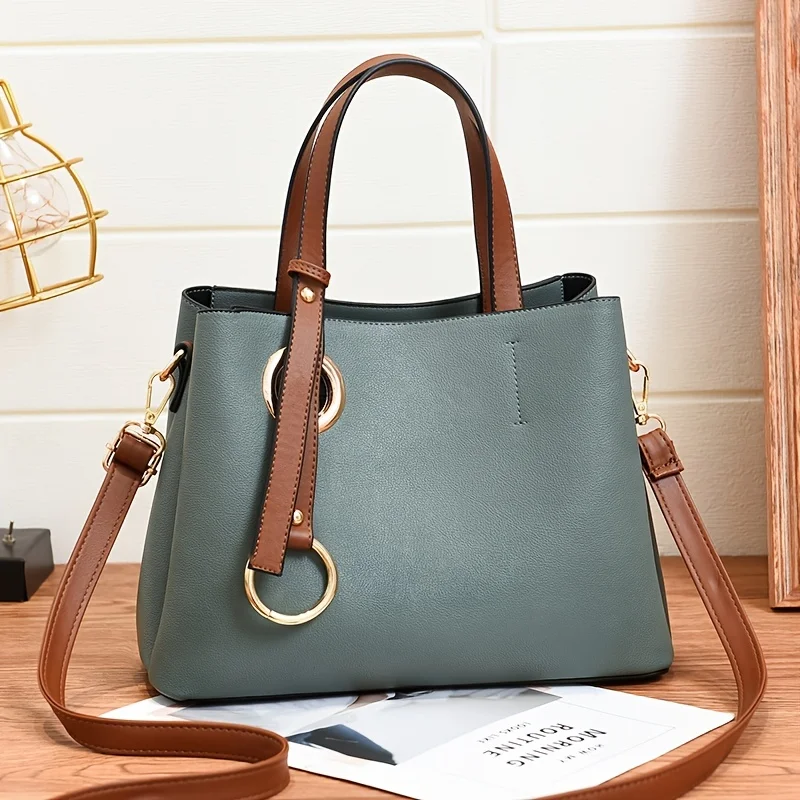 

Faux Leather Handbag, Women's Trendy Double Handle Purse, Shoulder Bag With Removable-strap