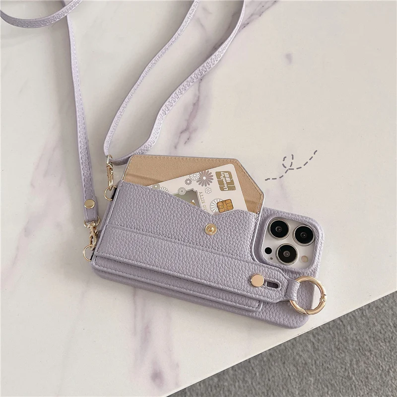 Stylish Leather Wrist Strap Crossbody Phone Case With Card Holder