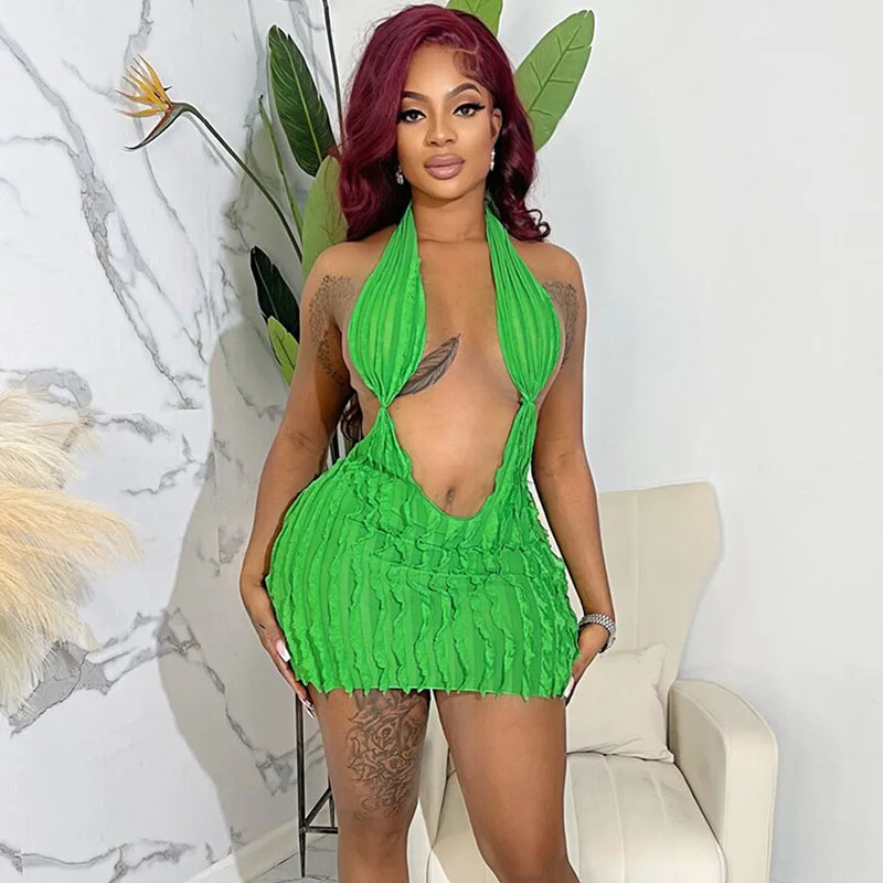 

Sexy Wave Ruffles Mesh Birthday Dress for Women Backless Halter Deep V-neck Sleeveless Night Club Mini Party Dresses Vestidos