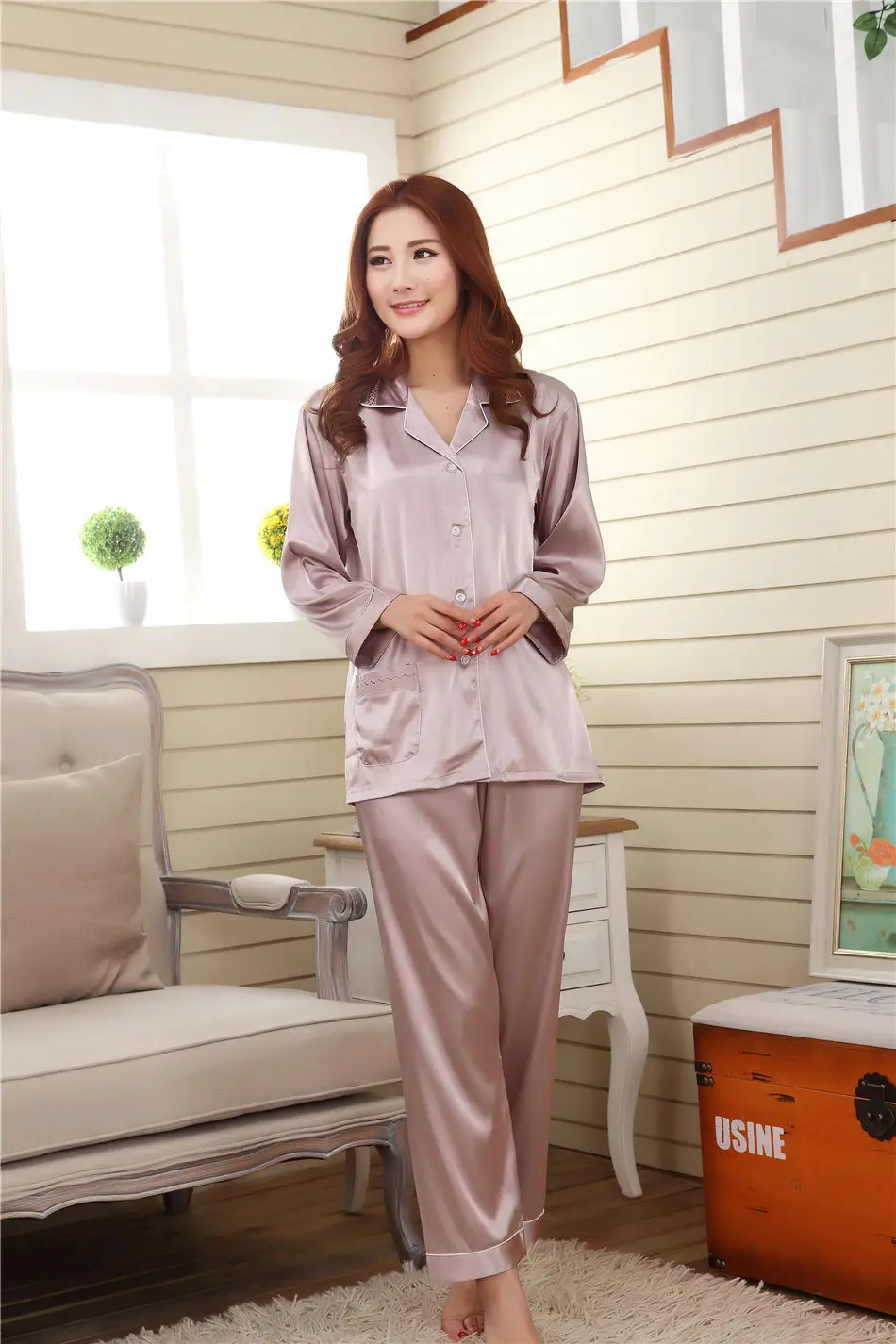 Spring Summer Grey Pink Silk Lovers Set Fashion Lounge Long-sleeve Sleepwear Pajamas Women Satin Nightgown