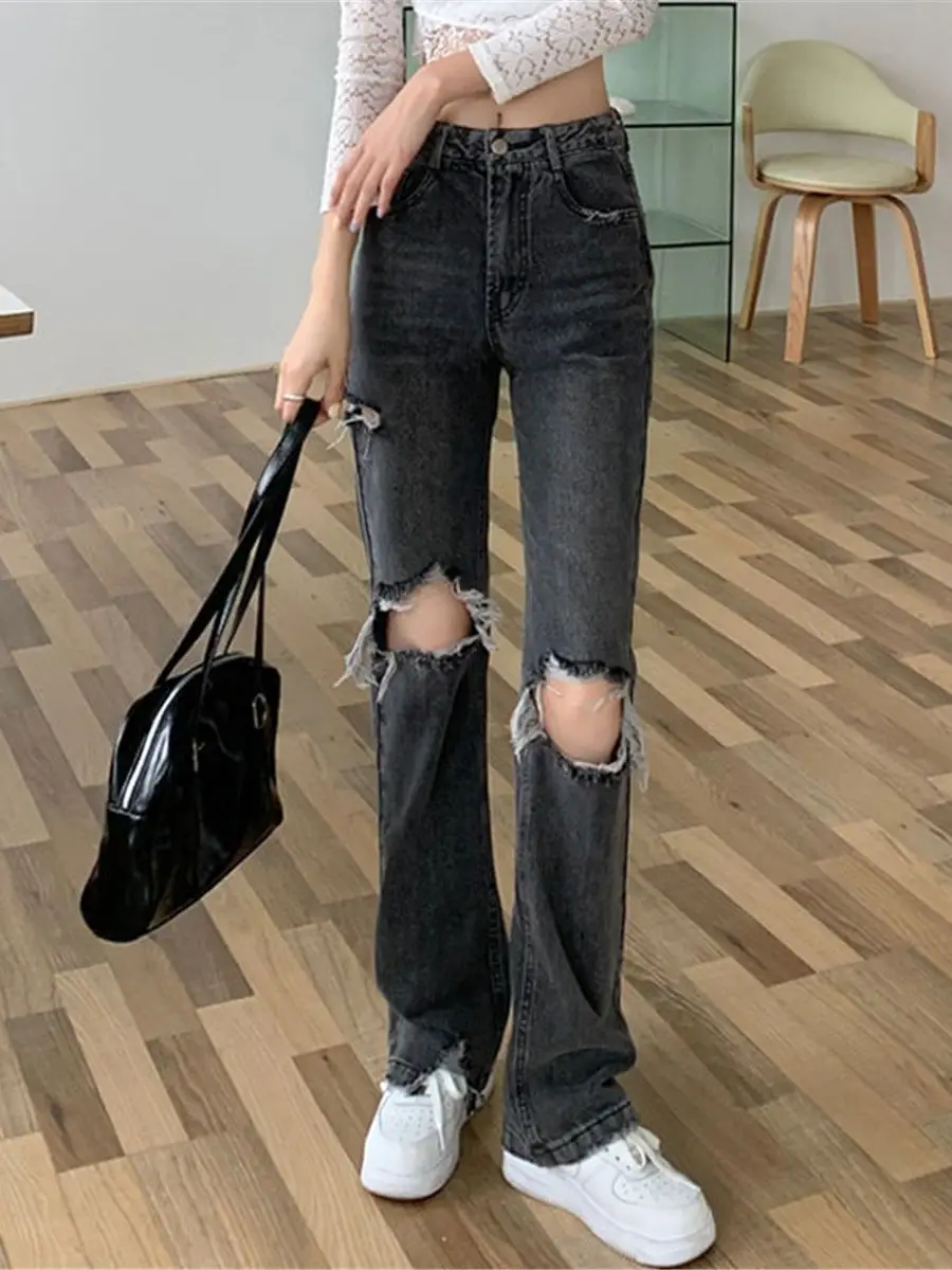 

Loose Hip Hop Ripped Jeans Boyfriend Women Pants 2023 Autumn Black Pants Girls High Waist Cargo Jeans Cool Stright Jeans Female
