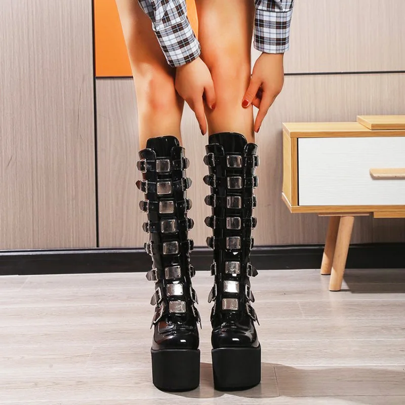 New Women's Cosplay Boots Multi-row Belt Buckle Long Tube Leather Knight Boot Punk Gothic Classic Black High Heel Shoe Knee-High
