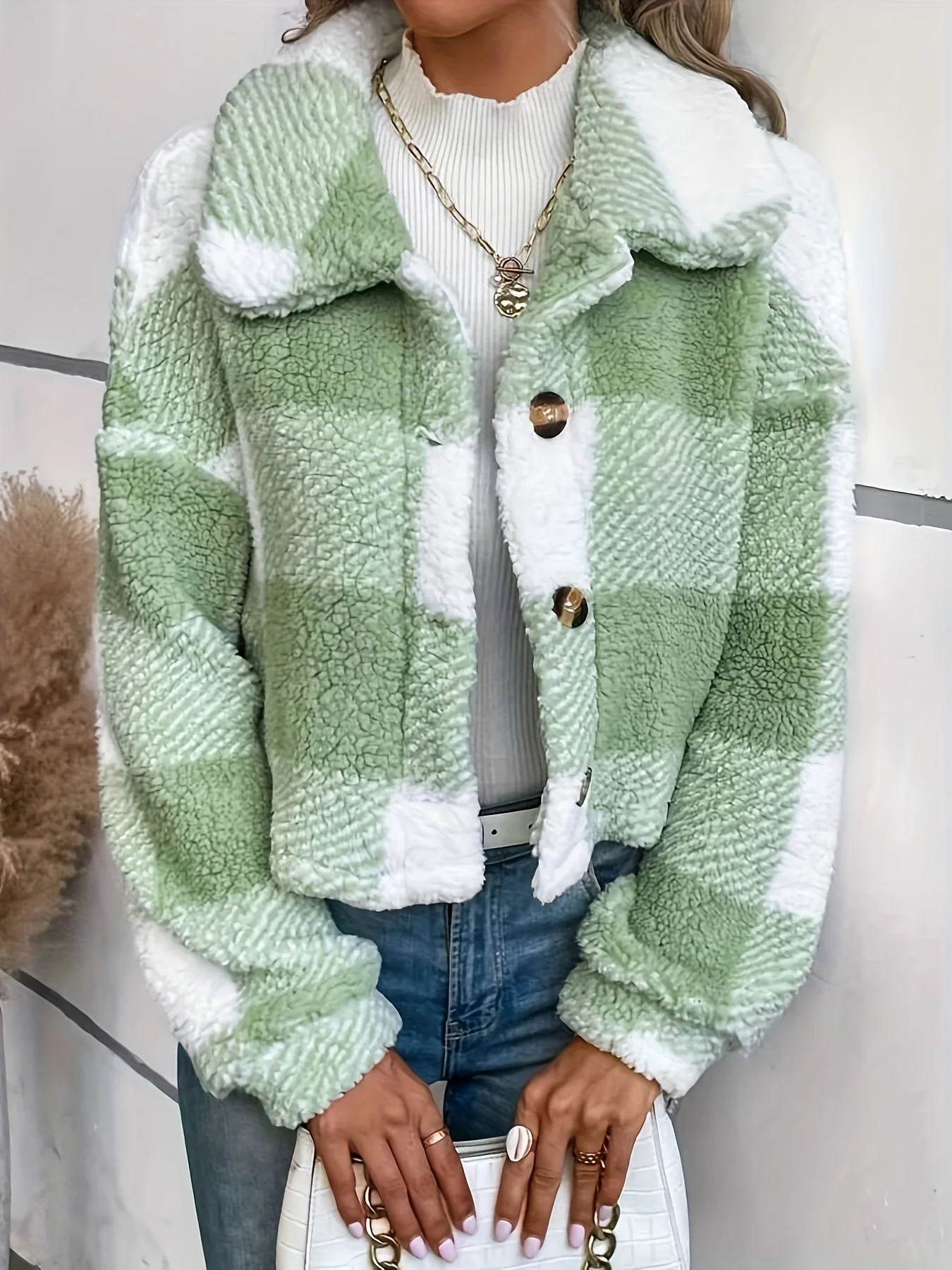 Veste teddy carreaux beige marron femme casual détails boutons dorés hiver