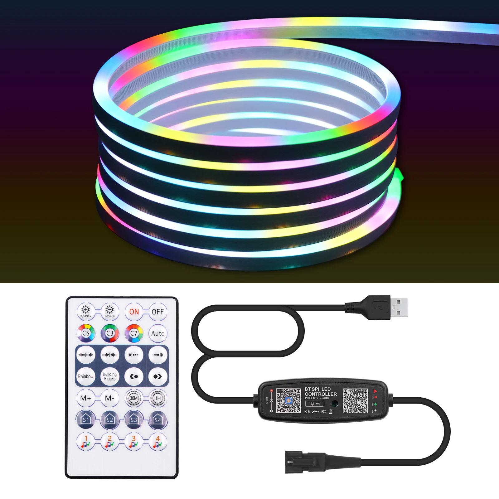 RGB USB WS2812B Flexible LED Neon Light Strips – Waterproof Bluetooth Music Sync, 7x13mm
