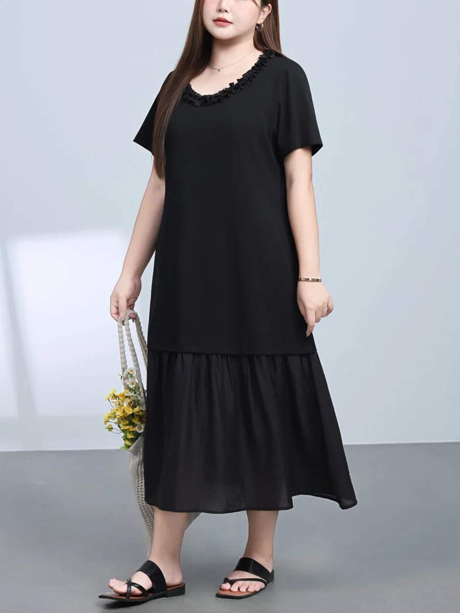 Plus Size Women Black Calf Length Dress With Premium Lyocell Hem Patchwork Cotton Loose Lace Round Neck For Summer