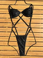 Sexy Glitter Black Sequin Micro Swimsuit One Piece Women's Bikinis Swimwear Backless Cross Bathing Suit Beach Outfits Bodysuits