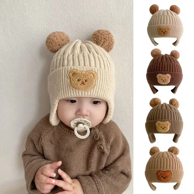 Winter Baby Beanie Cap Cartoon Bear Ear Protection Knitted Hat for Toddler Boys Girls Cute Korean Warm Kids Crochet Hats Gorros 1