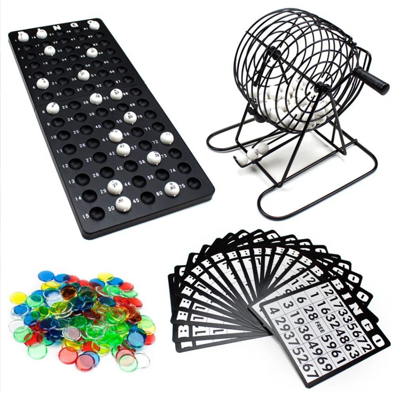 Bingo Set Bingo Cage Main Board 18 Mixed Cards 75 Calling Balls Color Chips For Large Groups Parties