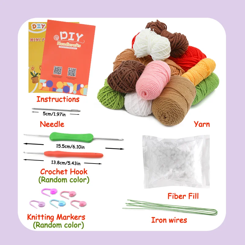 Crochet Potted Flower Kit for Beginners With Video Tutorial Cotton Knitting Yarn Thread Needles Hooks Knit Tool Set 6pcs