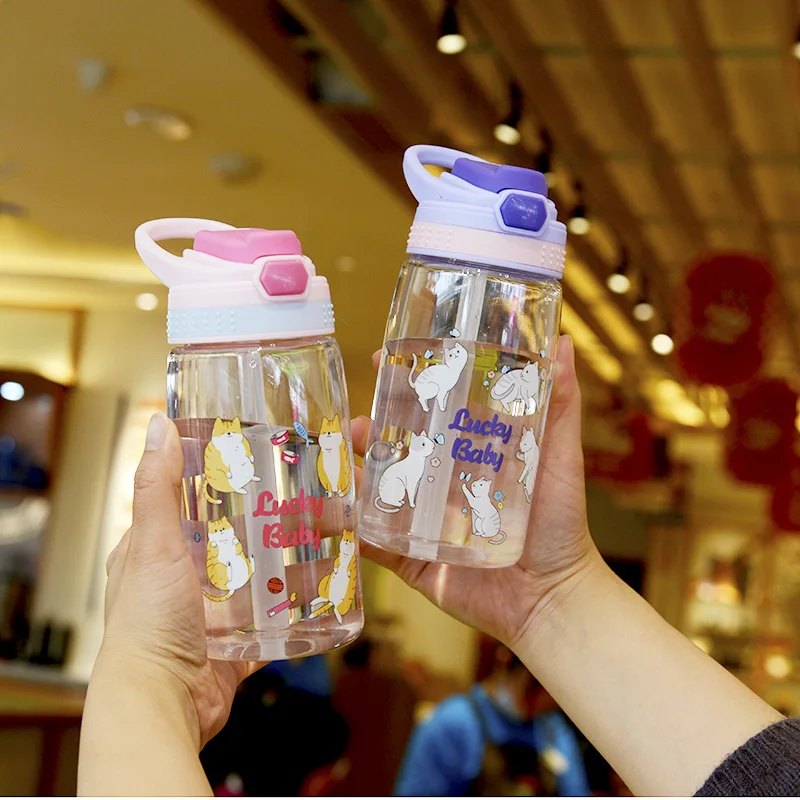 480ml Lucky Cat Water Bottle with Straw Japanese Pink Cute Kawaii