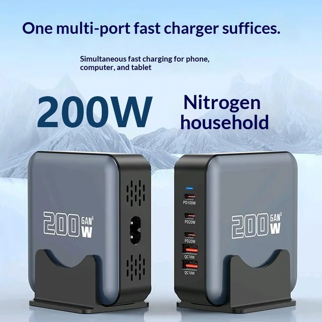 Gan Charger 200w Gallium Nitride High Power Multi Port Pd 100w Output Fast Charging Station Compatible For Mobile Phone Laptop 2