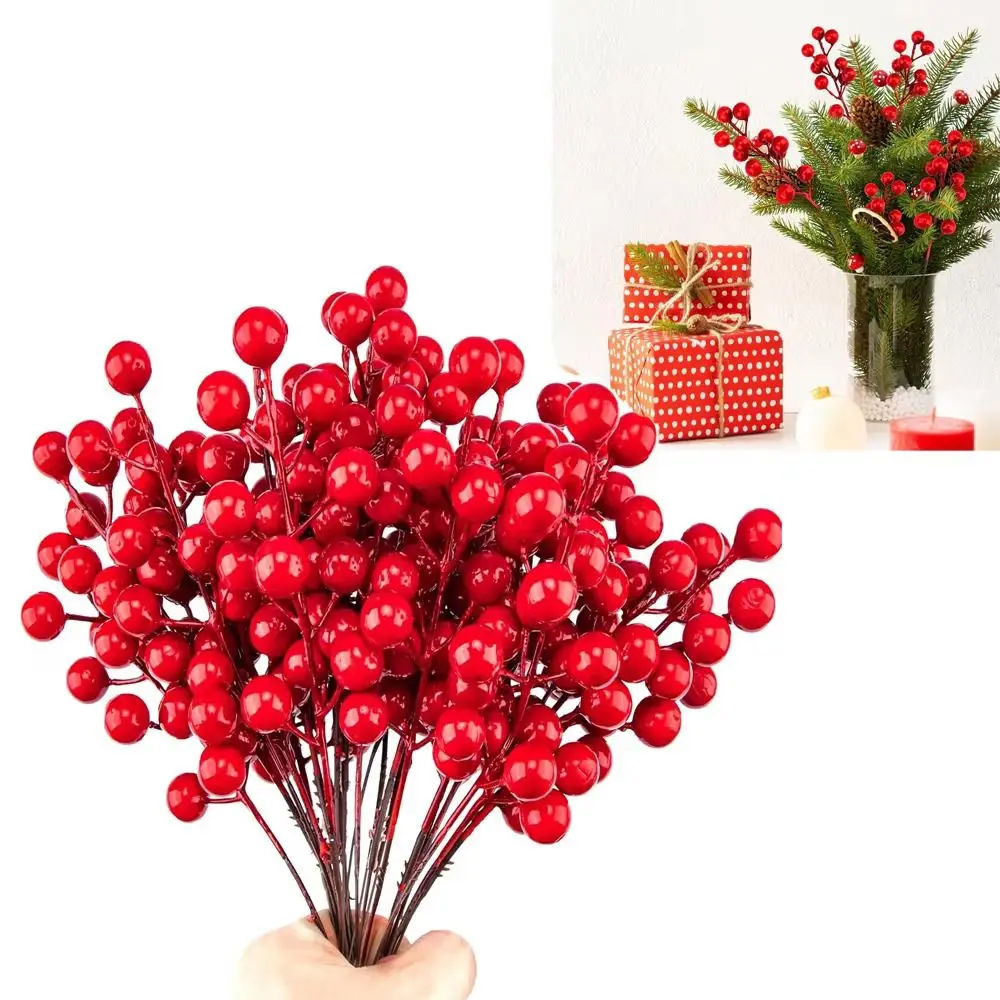 DIY Red Berry Branche Realistic Snow Frosted Artificial Holly Berries Reusable Wreath Decor Fake Plant Christmas Tree Decor