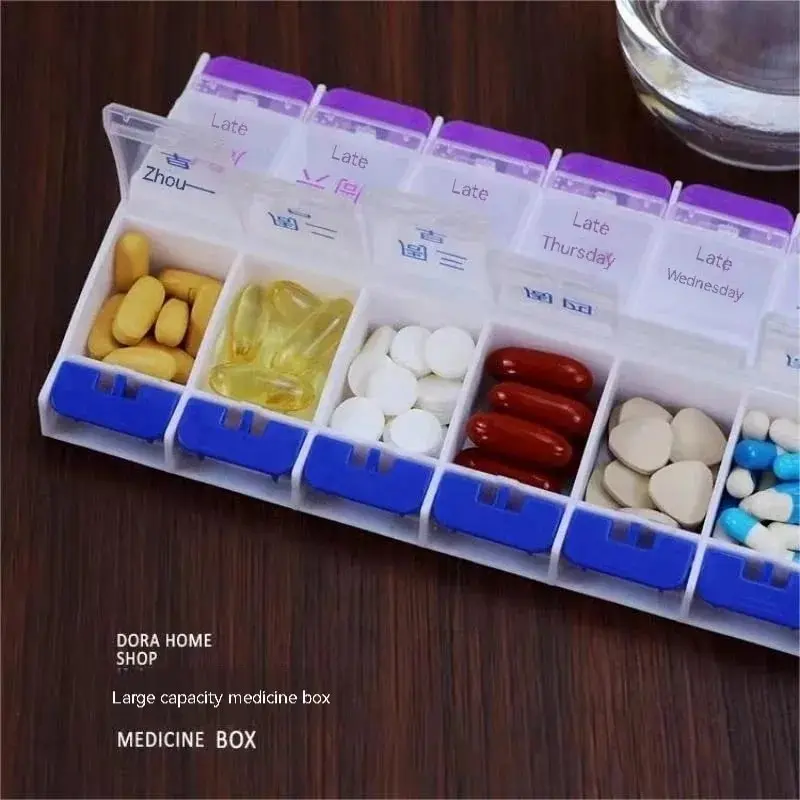 pill organizer Pill Box Push Type 14 Compartment Pill Box Weekday Elderly People Take Pills Morning And Evening Split Boxes Portable