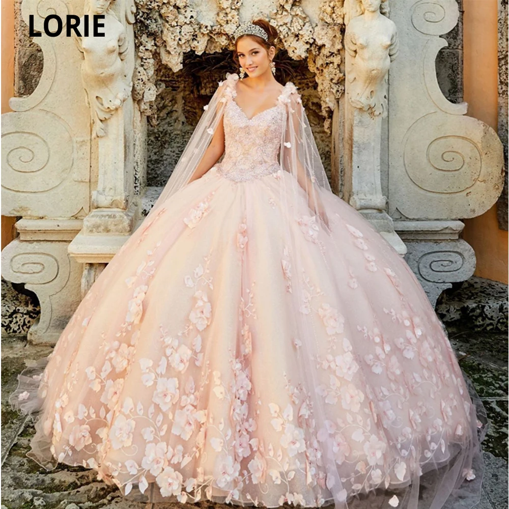 

LORIE Tulle Ball Gown Quinceanera Dresses V-neck Appliques 3D Flowers Cape Vestidos De 15 Quinceañera Princess Party Dresses