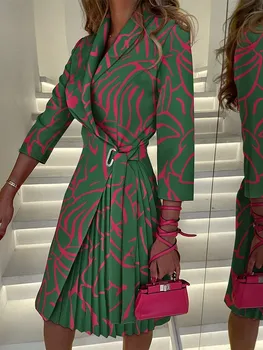 Cinturino stampato alla moda con scollo a V sexy da donna autunnale con cinturino al ginocchio con maniche a cinque quarti pieghettate in vita 1