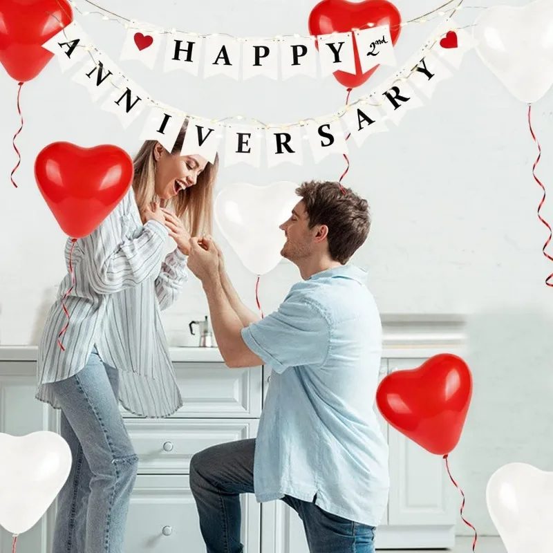 White Anniversary Party Banner Decorations Red Heart Balloon LED String Light Vintage Anniversary Party Supplies