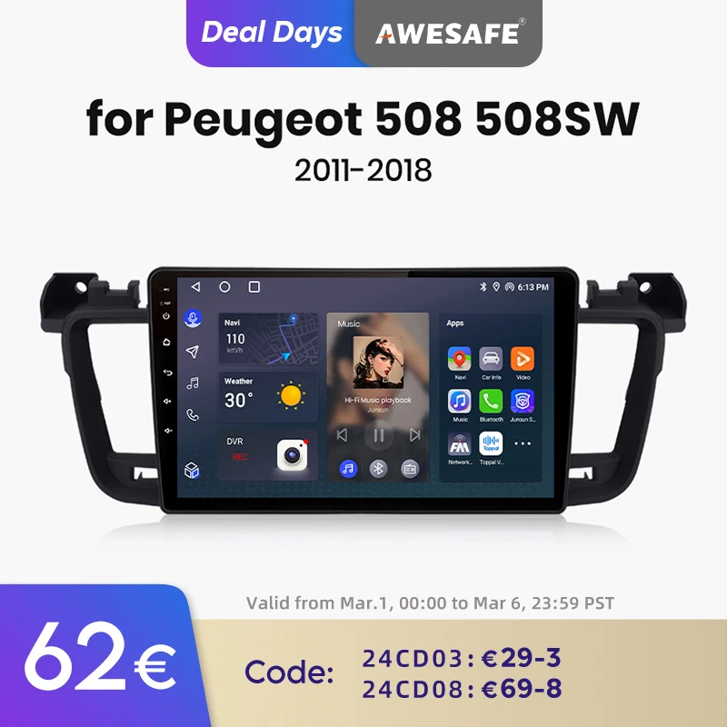Awesafe Android 12 V1Plus 8 + 256Gb Autoradio Per Peugeot 508 508Sw 2011-2018 Navigazione Gps Wireless Carplay Multimedia