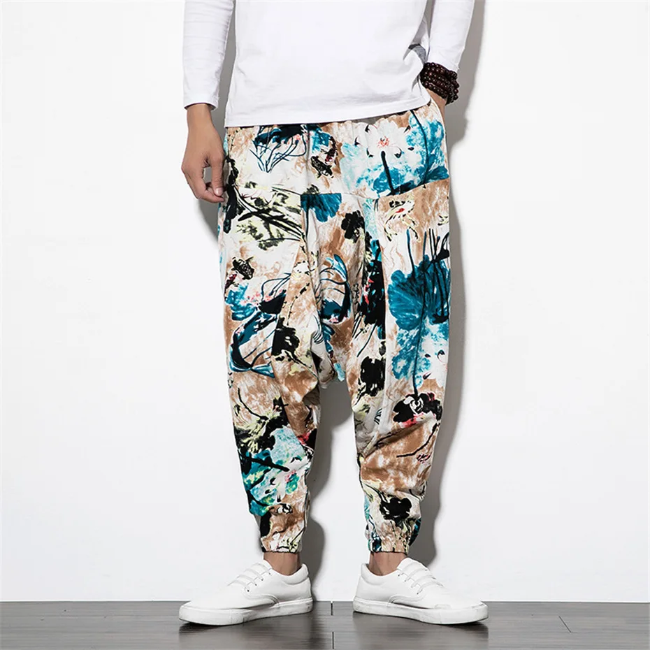 Hip Hip Streetwear Cross-pants Men Summer Loose Linen Pants Male Hip Hop Graffiti Trousers Elastic Waist