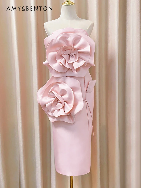 

Elegant Graceful Three-Dimensional Flower Off-Shoulder Mini Dress for Women High Sense Pink Strapless Dress Evening Party Dress