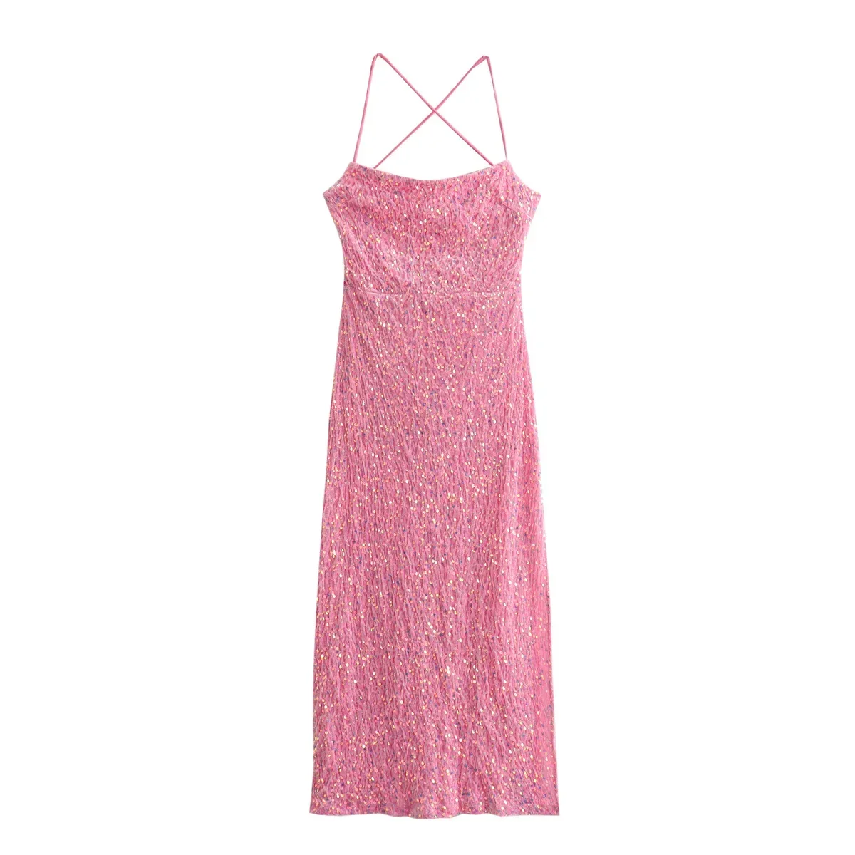 

Women's summer new fashion sequin decoration sexy slim fit backless midi dress retro sleeveless lace up women's dress Mujer