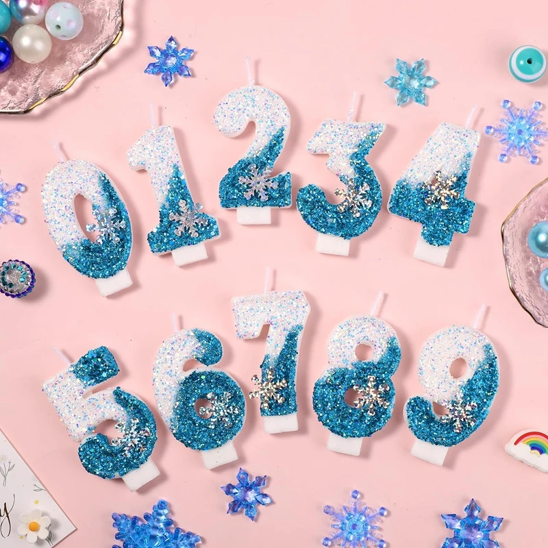 Frozen Birthday Candles 0-9 Number Glitter Blue Snowflake Cake Candle Kids Girls Birthday Party Cake Topper Decoration Supplies