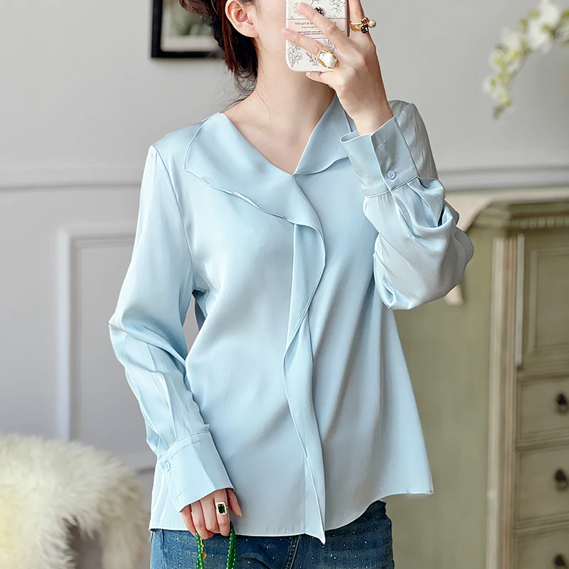 

19 Momme Real Silk Women's Blouse Solid Tops V-neck Elegant Shirts Fashion Blouses For Women Long Sleeve Shirt Spring Summer
