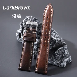 Premium Top Grain Brown Leather Watch Strap with Stainless Steel Buckle - 22mm (Dark Brown)