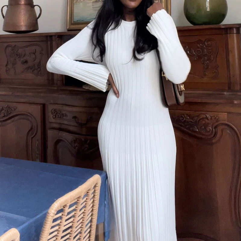 90s Vintage Tie Waist Dress Women Elegant Ribbed  Full Sleeve Maxi Dress Crew Neck Bodycon Pencil Long Dress Streetwear 2024 3