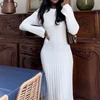 90s Vintage Tie Waist Dress Women Elegant Ribbed  Full Sleeve Maxi Dress Crew Neck Bodycon Pencil Long Dress Streetwear 2024 3
