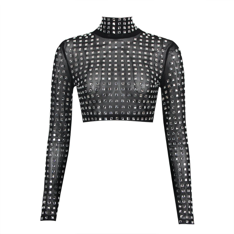 

Women's Y2k Top Black Long Sleeve Personality Street Zipper Patch New Women's Hot Rhinestone T-Shirt High Waist Tees