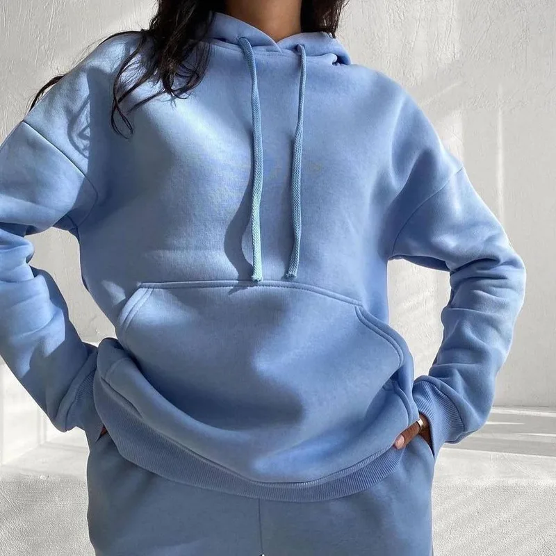 Leisure Fashion Sports Autumn and Winter New Women's Solid Color Plus Velvet Pocket Long-sleeved Hoodie Pants Two-piece Suit