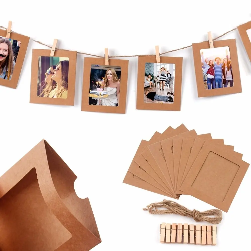 Photo Frame Craft Paper With Clips Rope Wall Hanging Picture Album Home Decor Wedding Happy Birthday 10Pcs/set