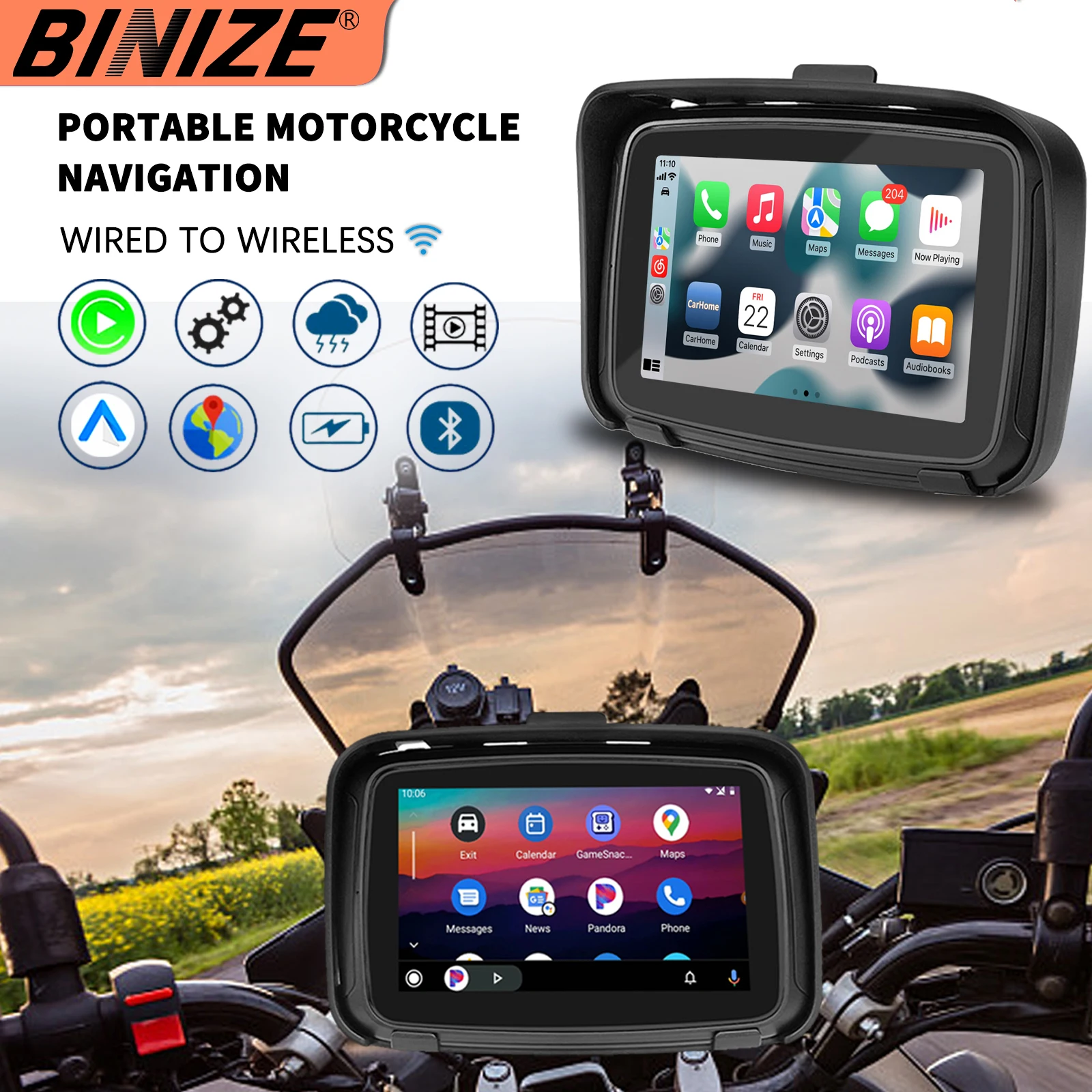 Binize 5 Inch Motorcycle GPS Navigation Motorcycle Carplay Android Auto Waterproof Bluetooth IPS