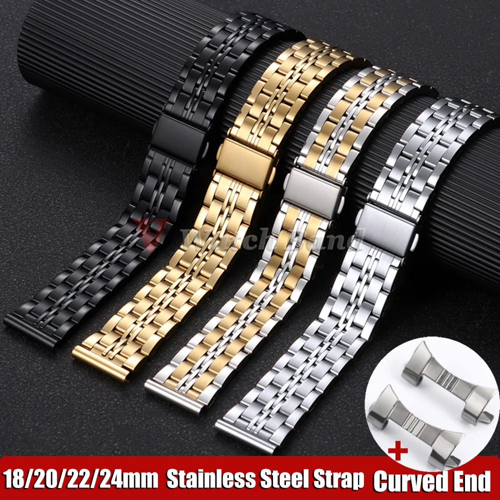 Sleek Curved End Stainless Steel Watchband with Folding Buckle
