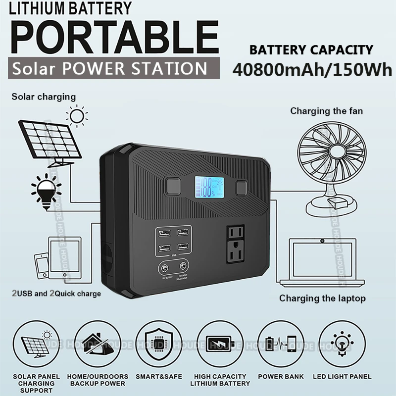 

Best Quality 150W 46800mAh Solar Charge Outdoor Portable Power bank Station with DC 9V 12V 110V 220V AC USB Output