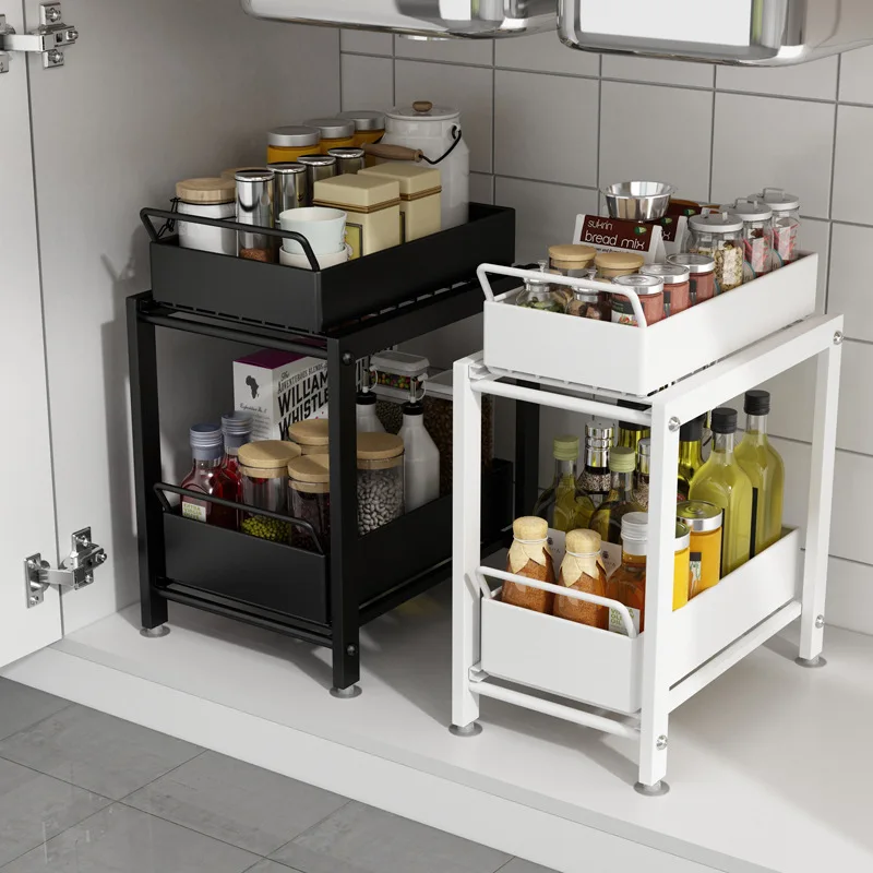 

Simple Kitchen Double Drawer Shelf Household Under The Sink Multifunctional Large Capacity Seasoning Supplies Metal Storage Rack