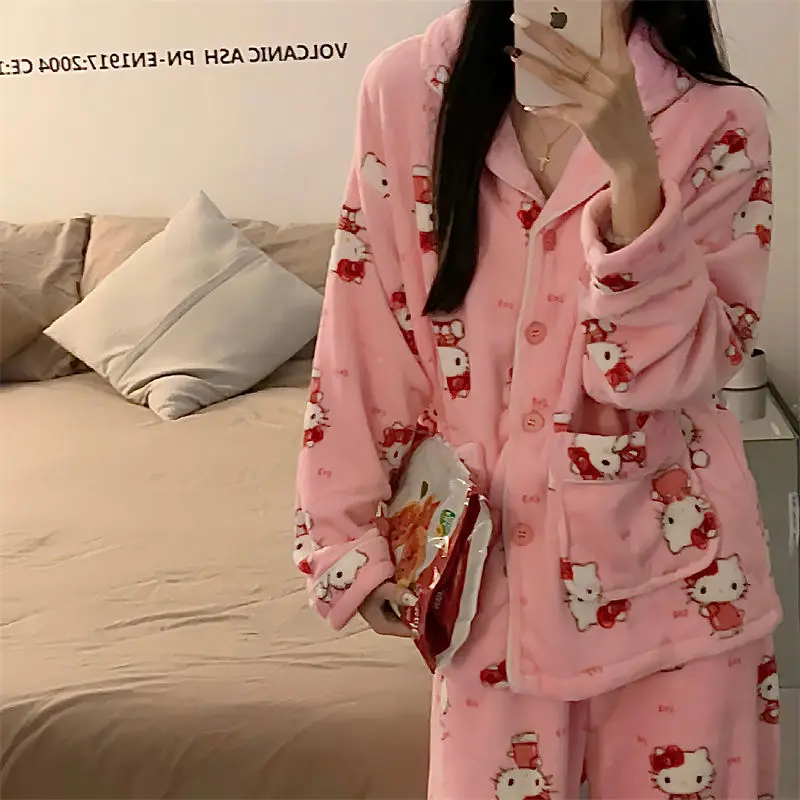 

Cinnamoroll Hello Kitty Kawaii Anime Sanrio Pajama Set Cute Cartoon Plush Warm Sleepwear Loungewear Sweet Girly Heart Girls Toys