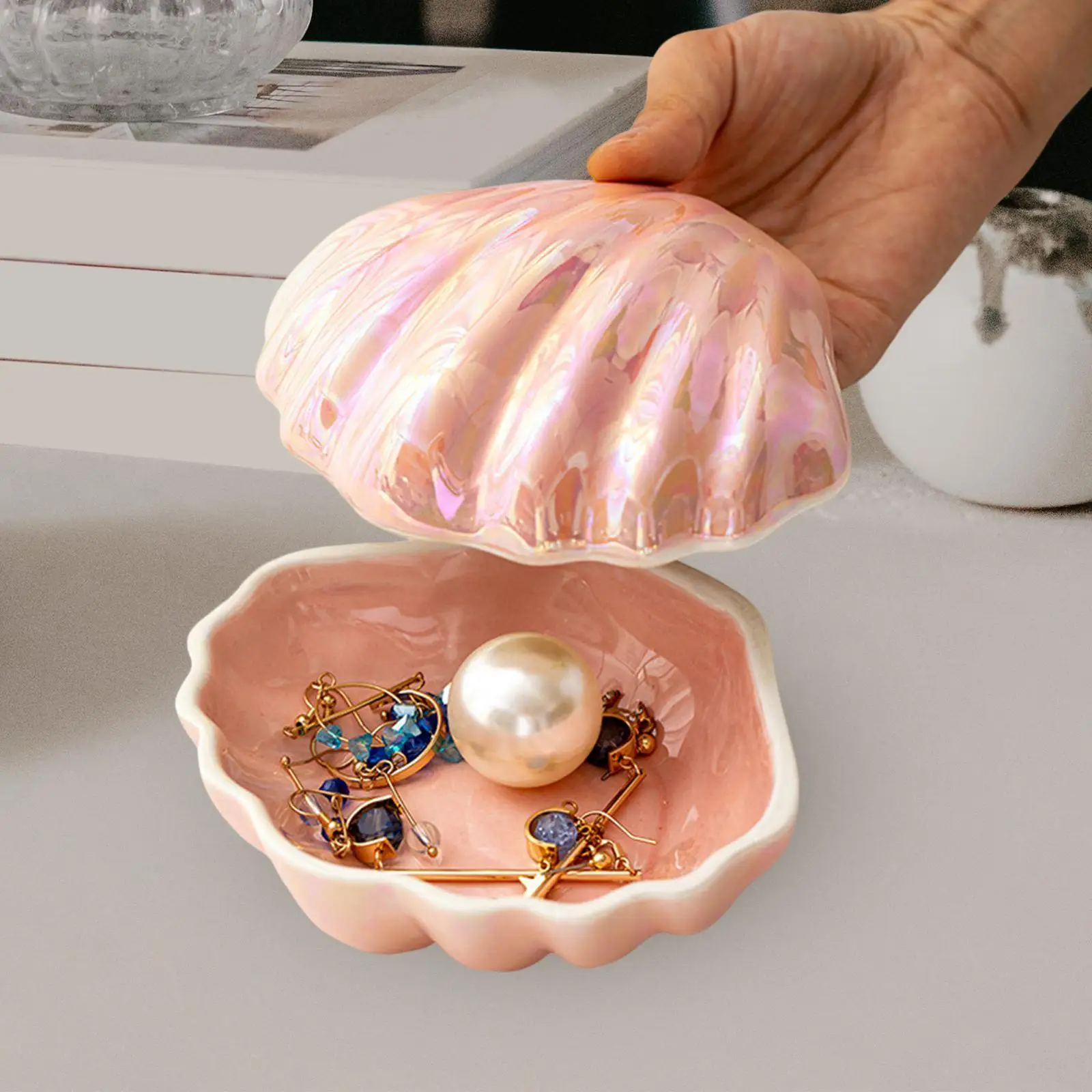 

Fashion Jewelry Storage Box, Trinket Box Decorative Showcase Necklace Pendant Tray Creative Seashell for Home Desktop Decoration