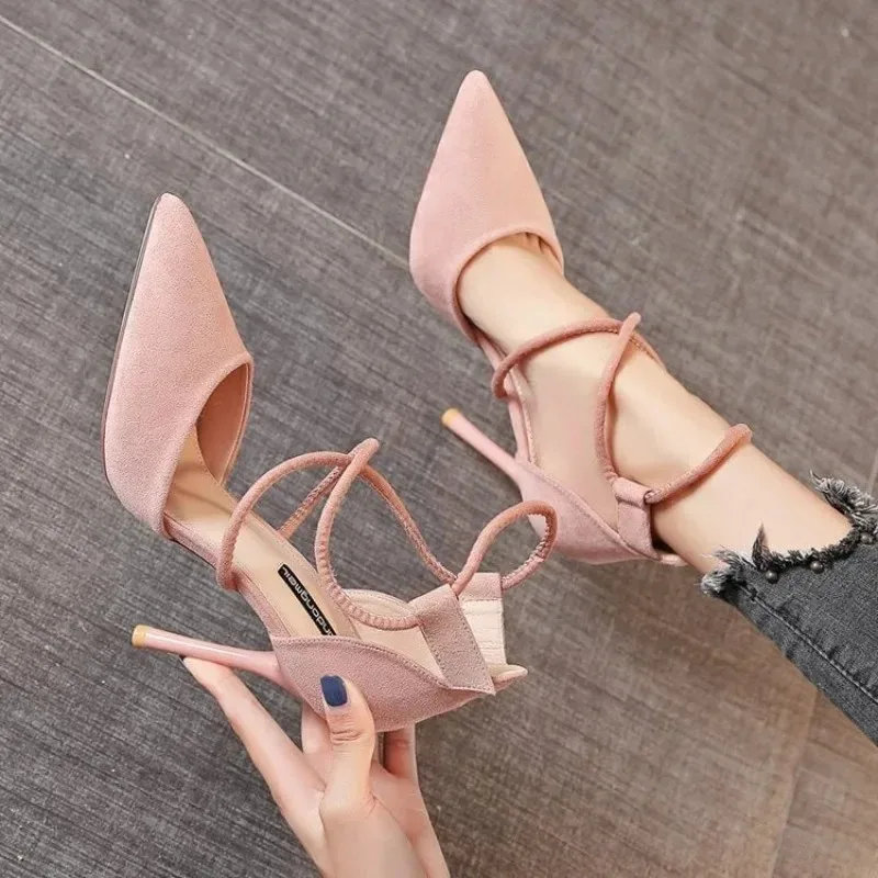 Elegant Cross-strap Roman Sandals Suede High Heels Women's Shoes Wedding Party One-line Buckle Fine Heel Pointed Sandals