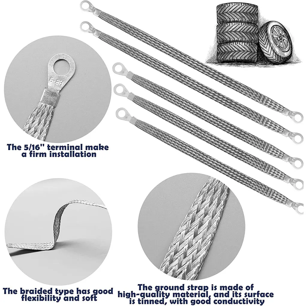 5 Pieces/Set Copper Wire Car Engine Ground Strap Braided Tear-resistant High Conductivity Industry Straps Cable