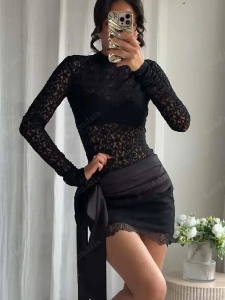 Chic Fashion Bow Splicing Lace Mini Skirts Two Piece Sets For Women 2025 New Bodysuits Top Women's Suits Elegant Woman Outfits ﻿