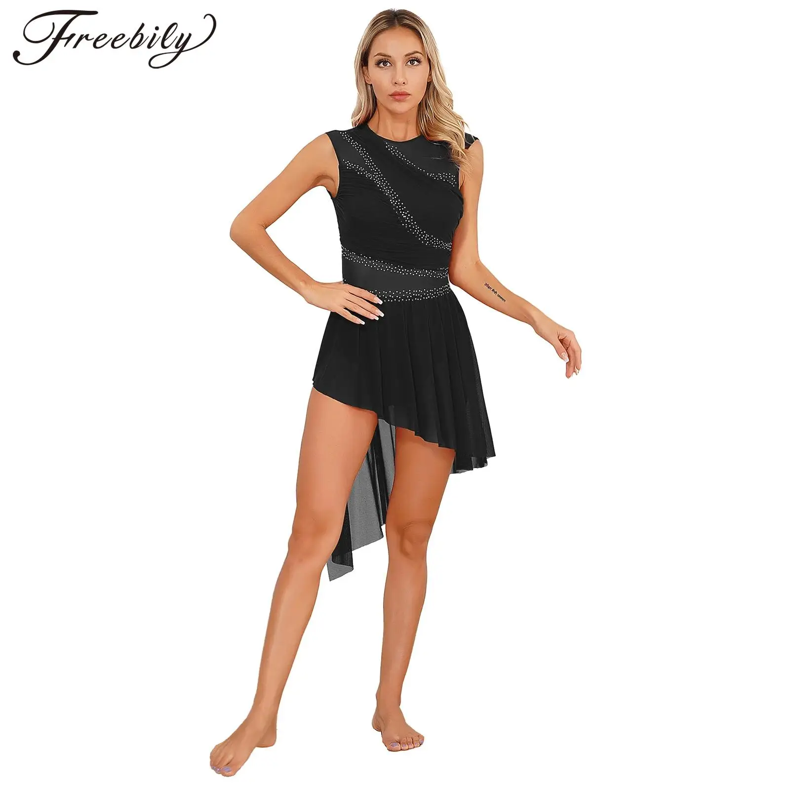 

Womens Sheer Mesh Ballet Dress Shiny Rhinestone Sleeveless Gymnastics Leotard Figure Skating Dress Adults Ice Skating Costumes