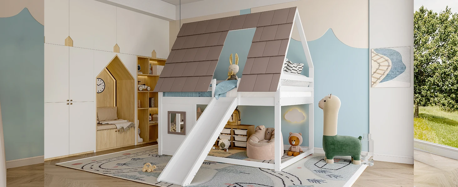 140 x 200 Holzhaus-Etagenbett mit Dach, Leiter und Rutsche, Weiß+Braun Kombi-Artikel MDF, Kiefer, Sperrholz – Detail 13