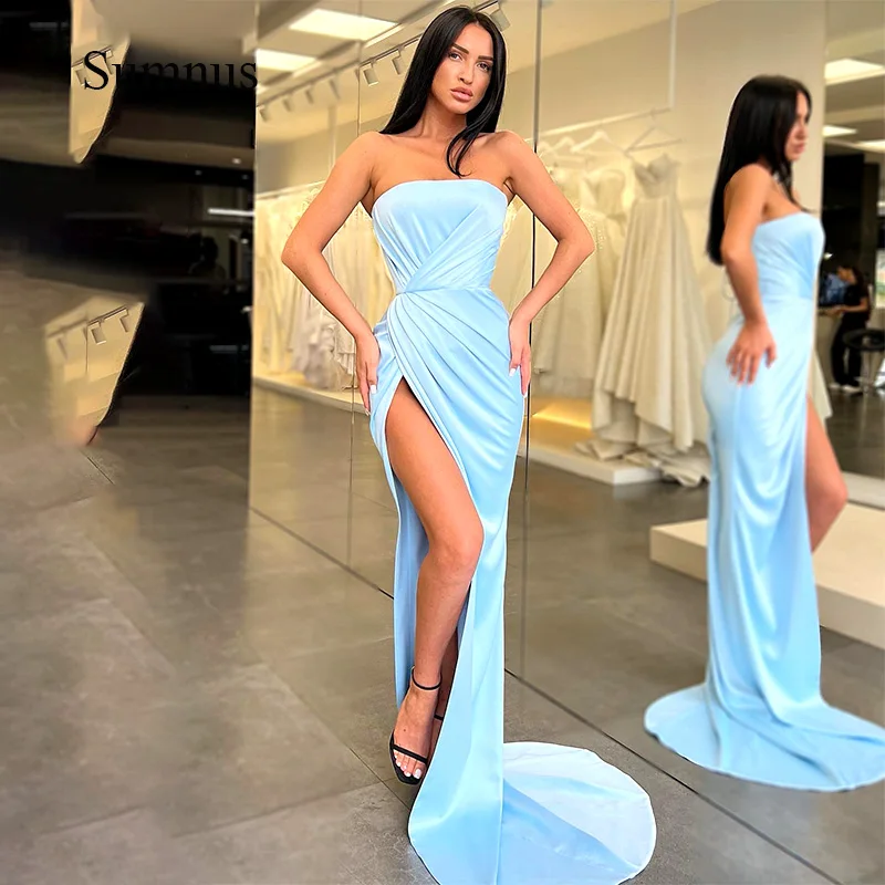 Sumnus Sky Blue Satin Prom Dress Strapless Pleats Side Split Party Dresses Sexy Women Evening Party Gowns Vestidos de Fiesta eightree blue white short mini prom dresses evening party gowns a line strapless sleeveless formal club night dress vestidos